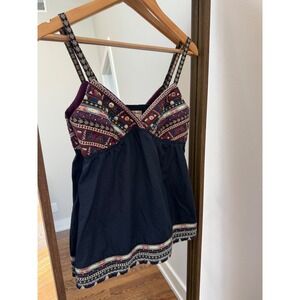 Y2K Lulumari Vintage Silk Blend Boho Embroidered Beaded Tank Top Navy Blue  M